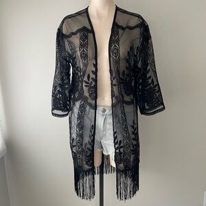 Boho Chic Embroidered Fringe Kimono Open Cardigan Mesh Black Size Medium